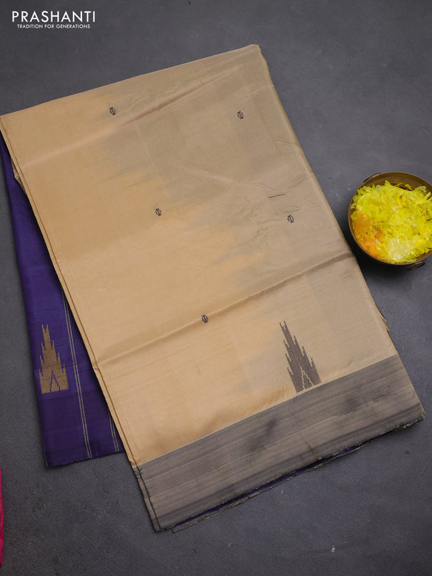 Banana pith saree beige and pastel violet with thread woven buttas in borderless style