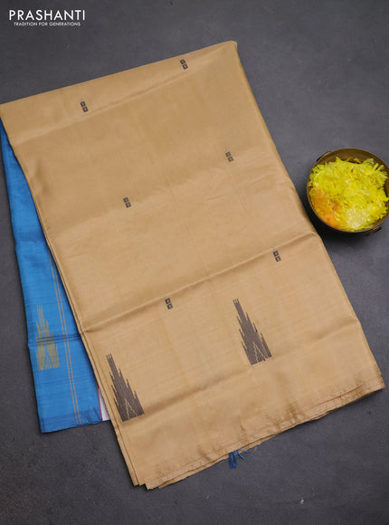 Banana pith saree sandal and teal blue with thread woven buttas in borderless style