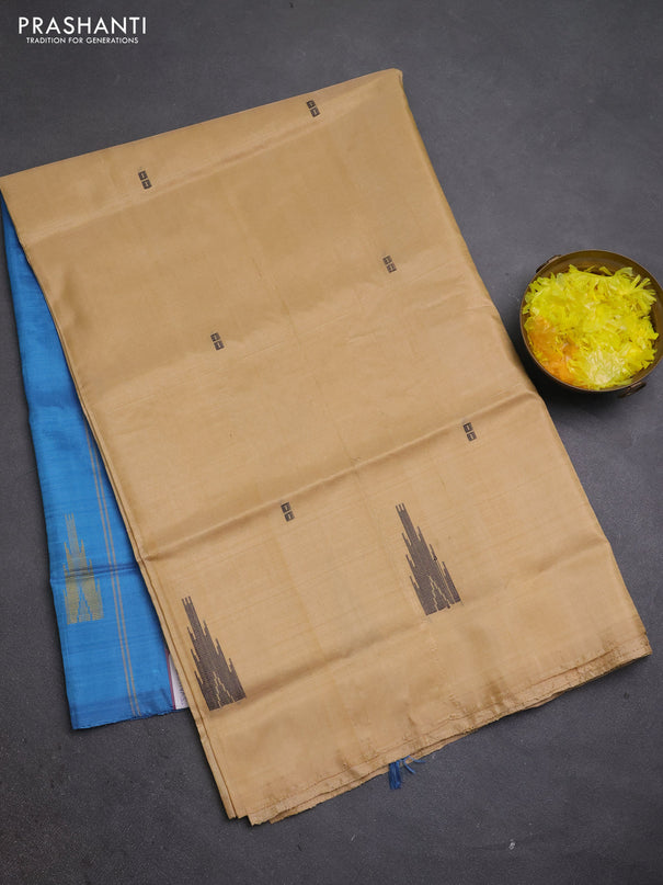 Banana pith saree sandal and teal blue with thread woven buttas in borderless style