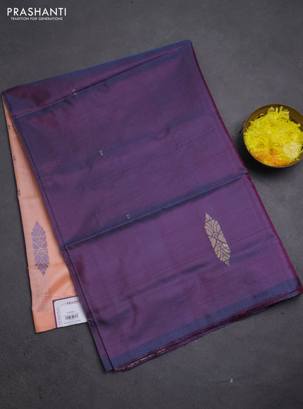 Banana pith saree purple and pale orange with thread woven buttas in borderless style