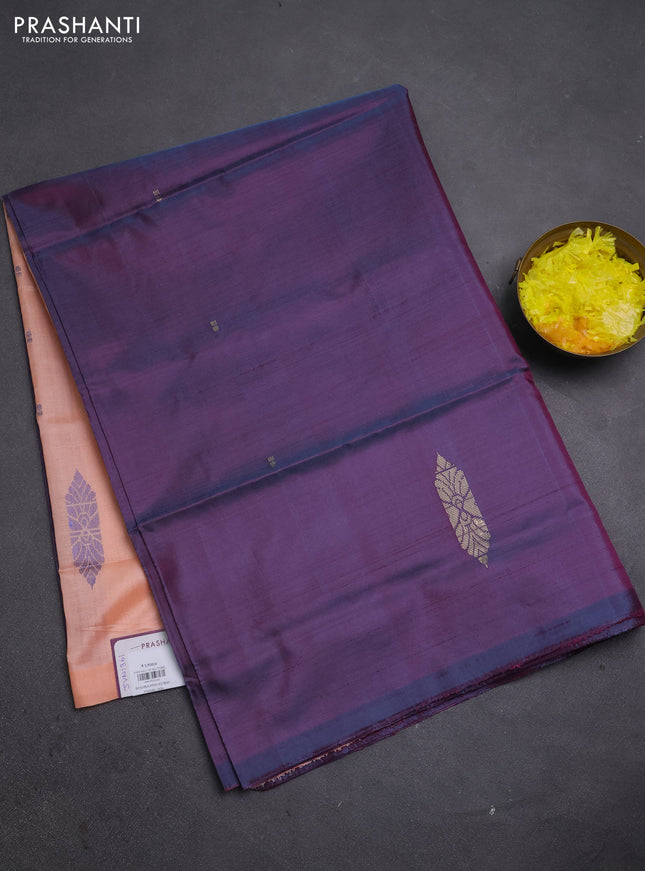 Banana pith saree purple and pale orange with thread woven buttas in borderless style