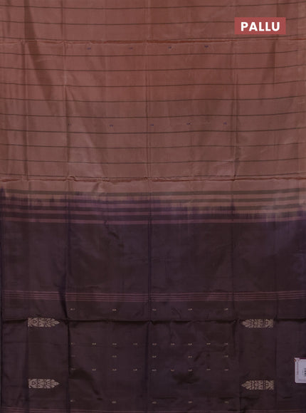 Banana pith saree peach shade and pastel purple with allover stripe pattern in borderless style