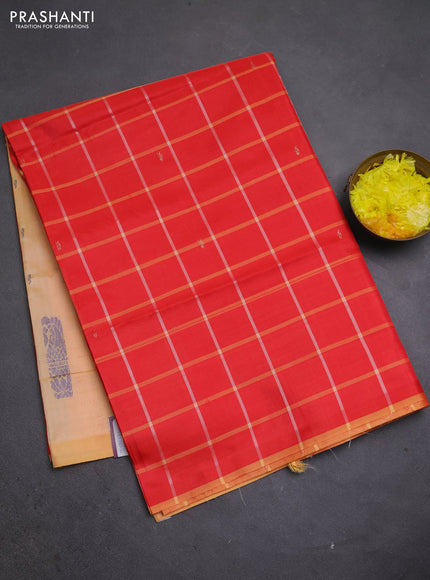 Banana pith saree red and pale orange with allover checked pattern in borderless style