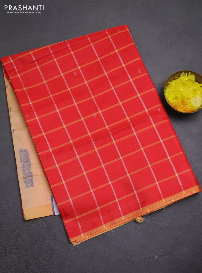 Banana pith saree red and pale orange with allover checked pattern in borderless style