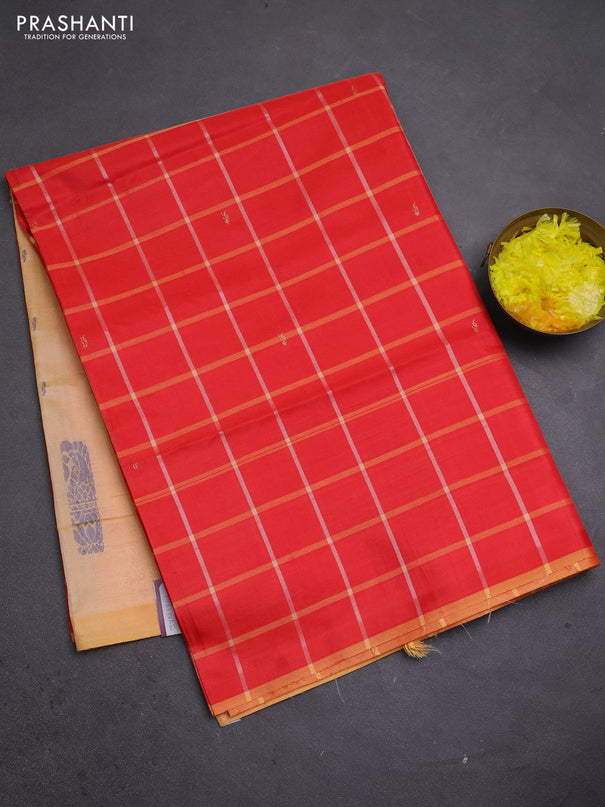 Banana pith saree red and pale orange with allover checked pattern in borderless style
