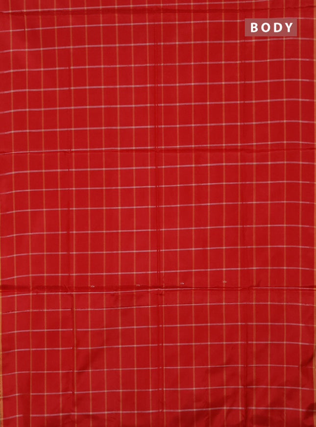 Banana pith saree red and pale orange with allover checked pattern in borderless style