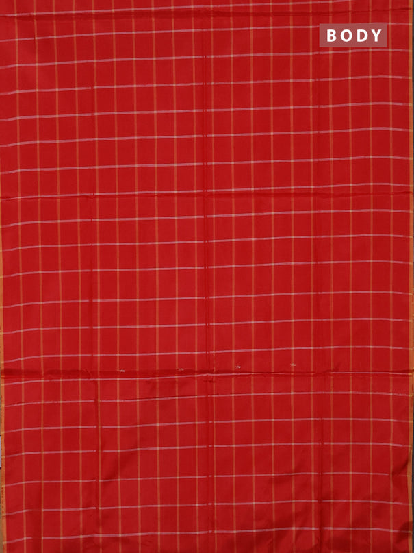 Banana pith saree red and pale orange with allover checked pattern in borderless style