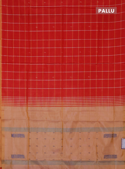 Banana pith saree red and pale orange with allover checked pattern in borderless style
