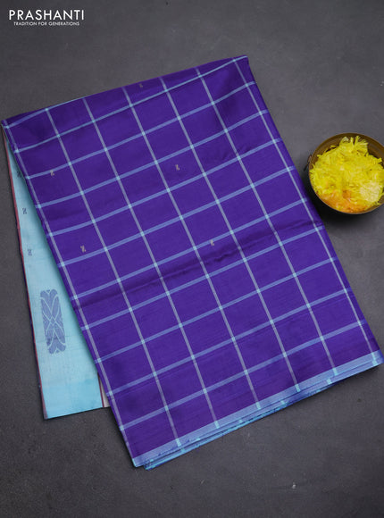 Banana pith saree violet and teal blue with allover checked pattern in borderless style