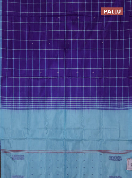 Banana pith saree violet and teal blue with allover checked pattern in borderless style