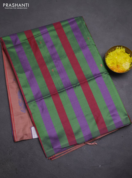 Banana pith saree green purple and dark peach with allover stripe pattern in borderless style