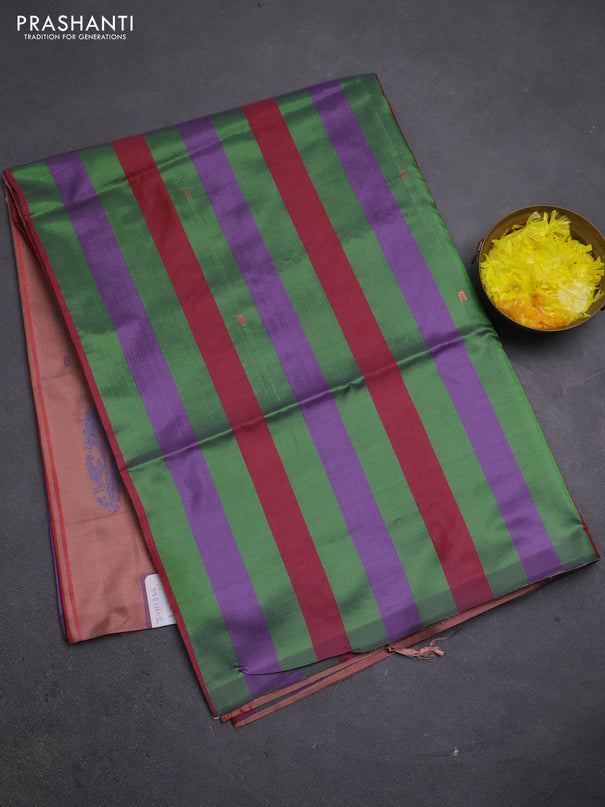 Banana pith saree green purple and dark peach with allover stripe pattern in borderless style