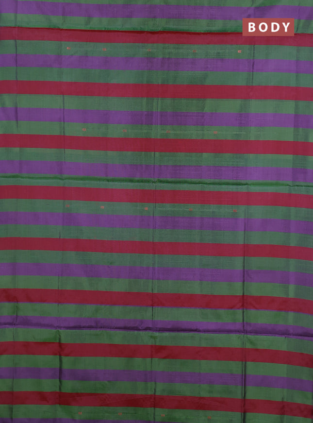 Banana pith saree green purple and dark peach with allover stripe pattern in borderless style