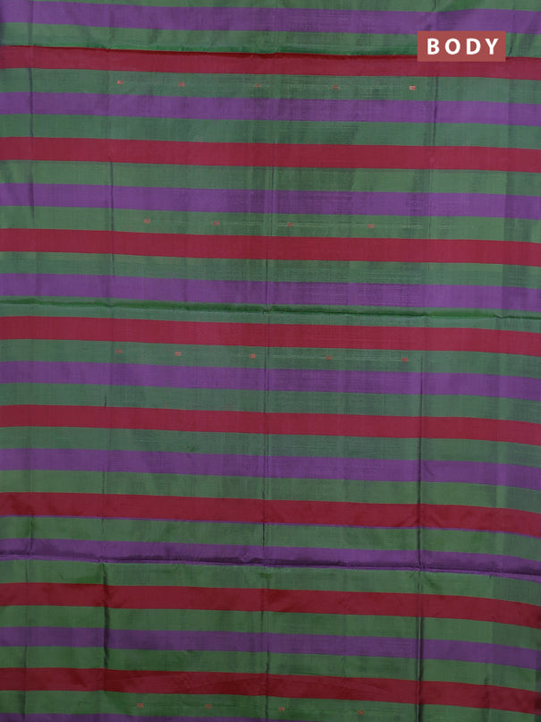 Banana pith saree green purple and dark peach with allover stripe pattern in borderless style
