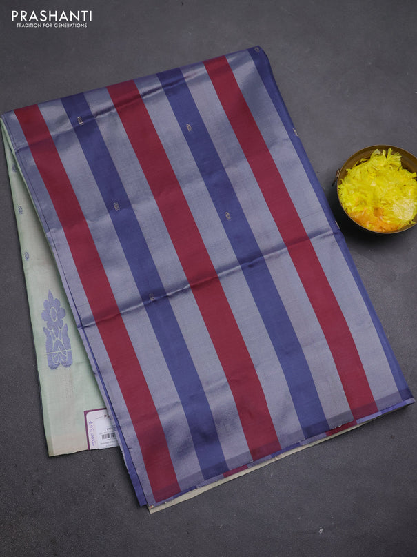 Banana pith saree grey maroon and pista green with allover stripe pattern in borderless style