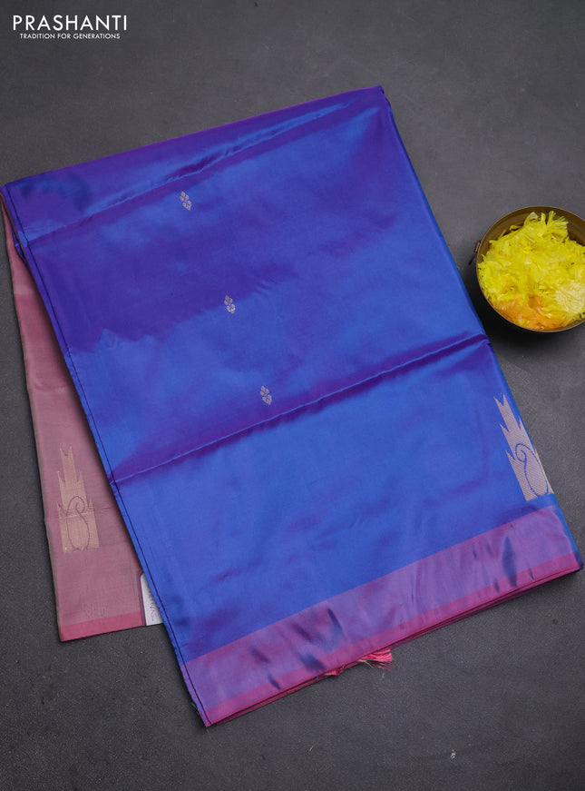 Banana pith saree dual shade of blue and pink with thread woven buttas and simple border