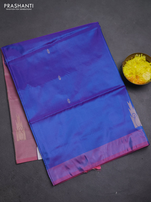 Banana pith saree dual shade of blue and pink with thread woven buttas and simple border