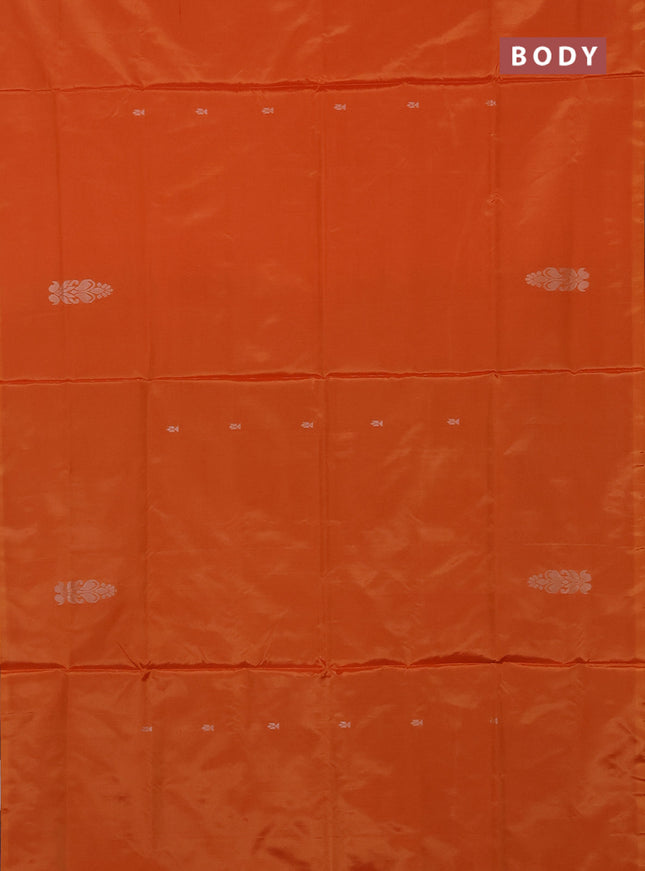 Banana pith saree orange and dual shade of purple with thread woven buttas in borderless style