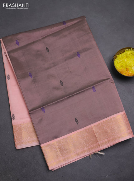 Banana pith saree dark peach and peach shade with thread woven buttas and zari woven border