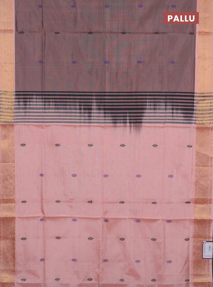 Banana pith saree dark peach and peach shade with thread woven buttas and zari woven border