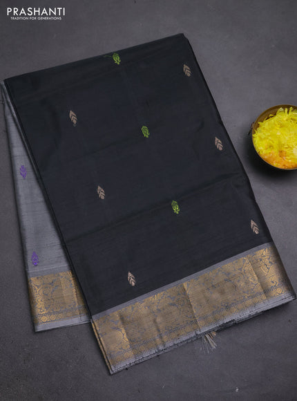 Banana pith saree elephant grey and grey with thread woven buttas and zari woven border
