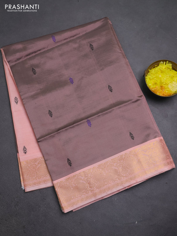 Banana pith saree dark peach and peach orange with thread woven buttas and zari woven border