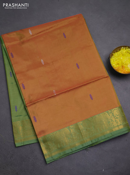 Banana pith saree sunset orange and green with thread woven buttas and zari woven border