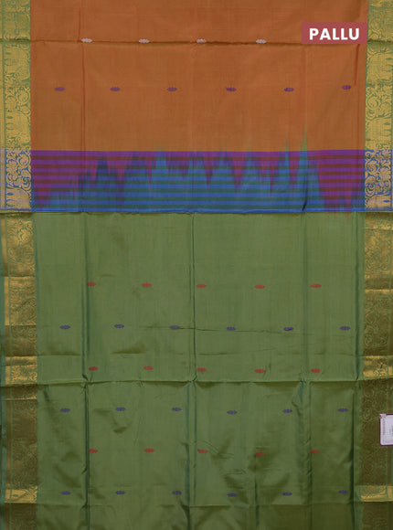 Banana pith saree sunset orange and green with thread woven buttas and zari woven border
