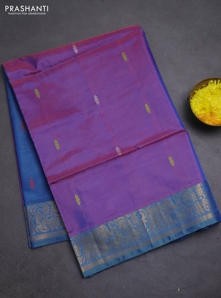 Banana pith saree purple and blue with thread woven buttas and zari woven border