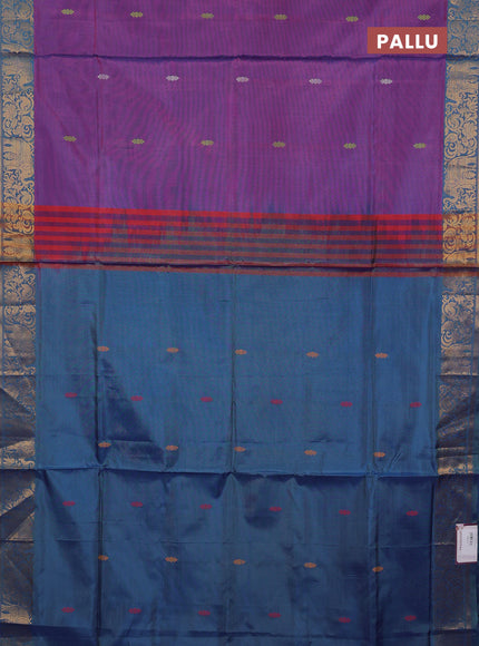 Banana pith saree purple and blue with thread woven buttas and zari woven border