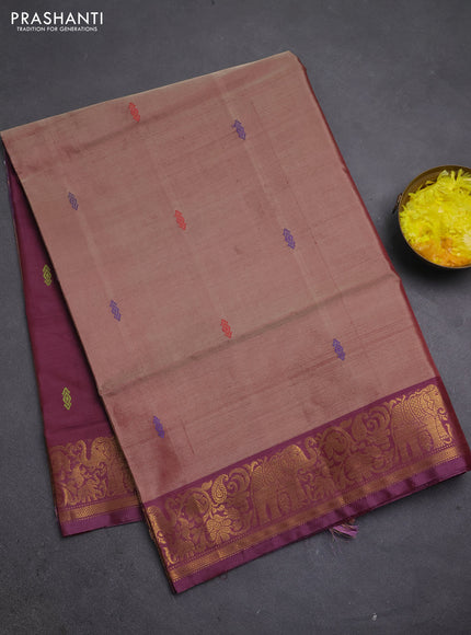 Banana pith saree beige and wine shade with thread woven buttas and zari woven border