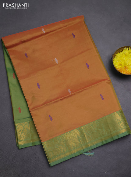 Banana pith saree sunset orange and green shade with thread woven buttas and zari woven border