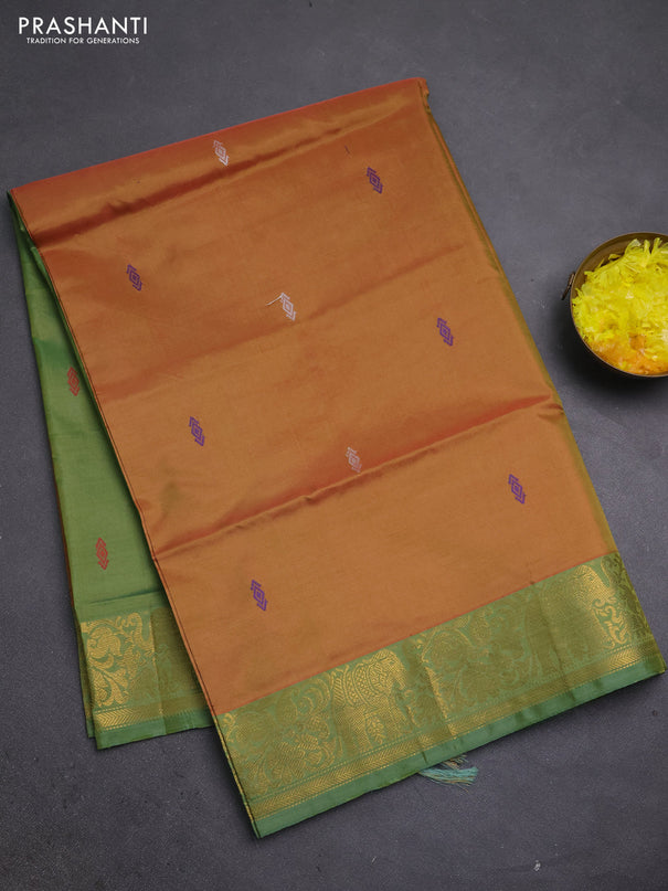 Banana pith saree sunset orange and green shade with thread woven buttas and zari woven border