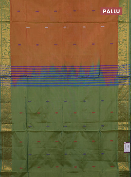 Banana pith saree sunset orange and green shade with thread woven buttas and zari woven border