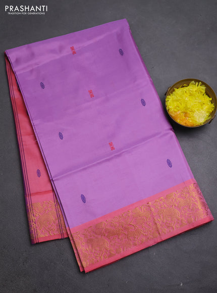 Banana pith saree lavender and peach pink with thread woven buttas and zari woven border