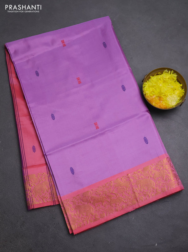 Banana pith saree lavender and peach pink with thread woven buttas and zari woven border