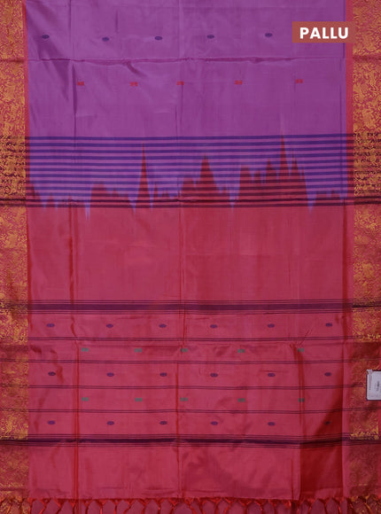 Banana pith saree lavender and peach pink with thread woven buttas and zari woven border