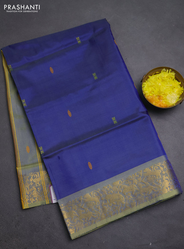 Banana pith saree blue and dual shade yellow with thread woven buttas and zari woven border