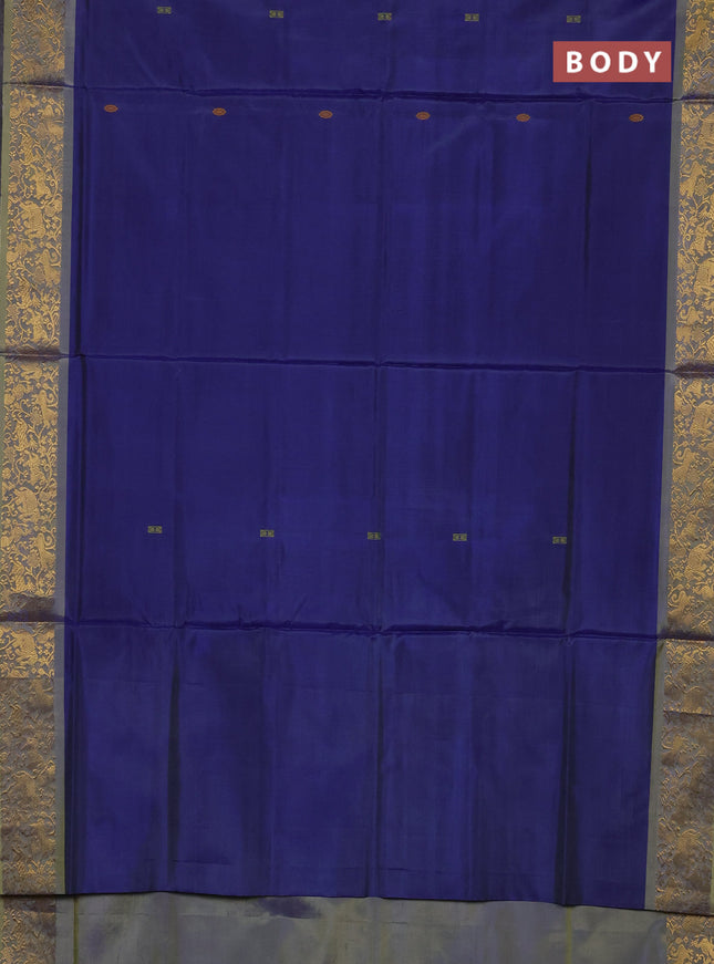 Banana pith saree blue and dual shade yellow with thread woven buttas and zari woven border