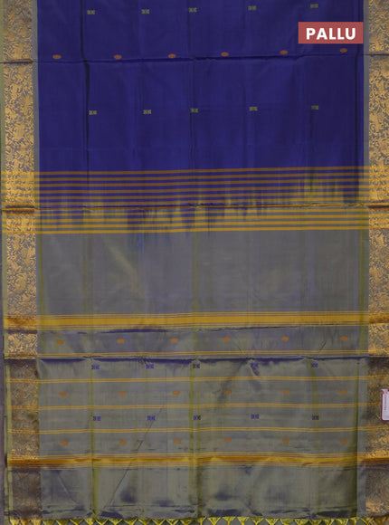 Banana pith saree blue and dual shade yellow with thread woven buttas and zari woven border
