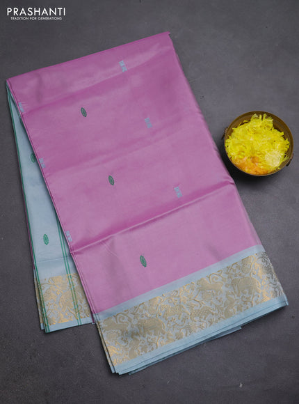 Banana pith saree lotus pink and pastel blue with thread woven buttas and zari woven border