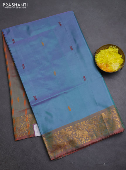 Banana pith saree dual shade of purple and dual shade of orange with thread woven buttas and zari woven border