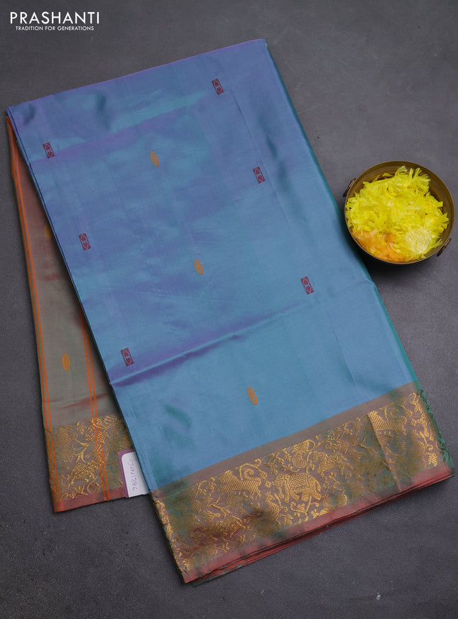 Banana pith saree dual shade of purple and dual shade of orange with thread woven buttas and zari woven border