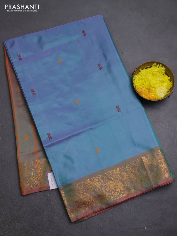 Banana pith saree dual shade of purple and dual shade of orange with thread woven buttas and zari woven border