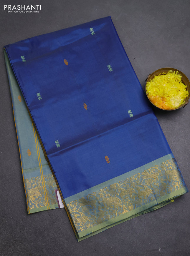 Banana pith saree blue and dual shade of yellow with thread woven buttas and zari woven border