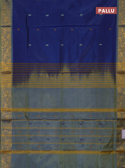 Banana pith saree blue and dual shade of yellow with thread woven buttas and zari woven border