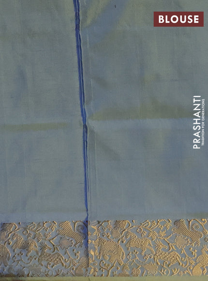 Banana pith saree blue and dual shade of yellow with thread woven buttas and zari woven border