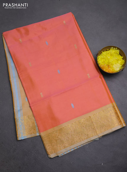 Banana pith saree peach orange and pale orange with thread woven buttas and zari woven border