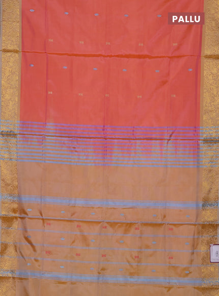 Banana pith saree peach orange and pale orange with thread woven buttas and zari woven border