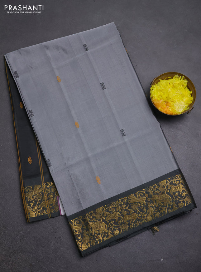 Banana pith saree grey and black with thread woven buttas and zari woven border